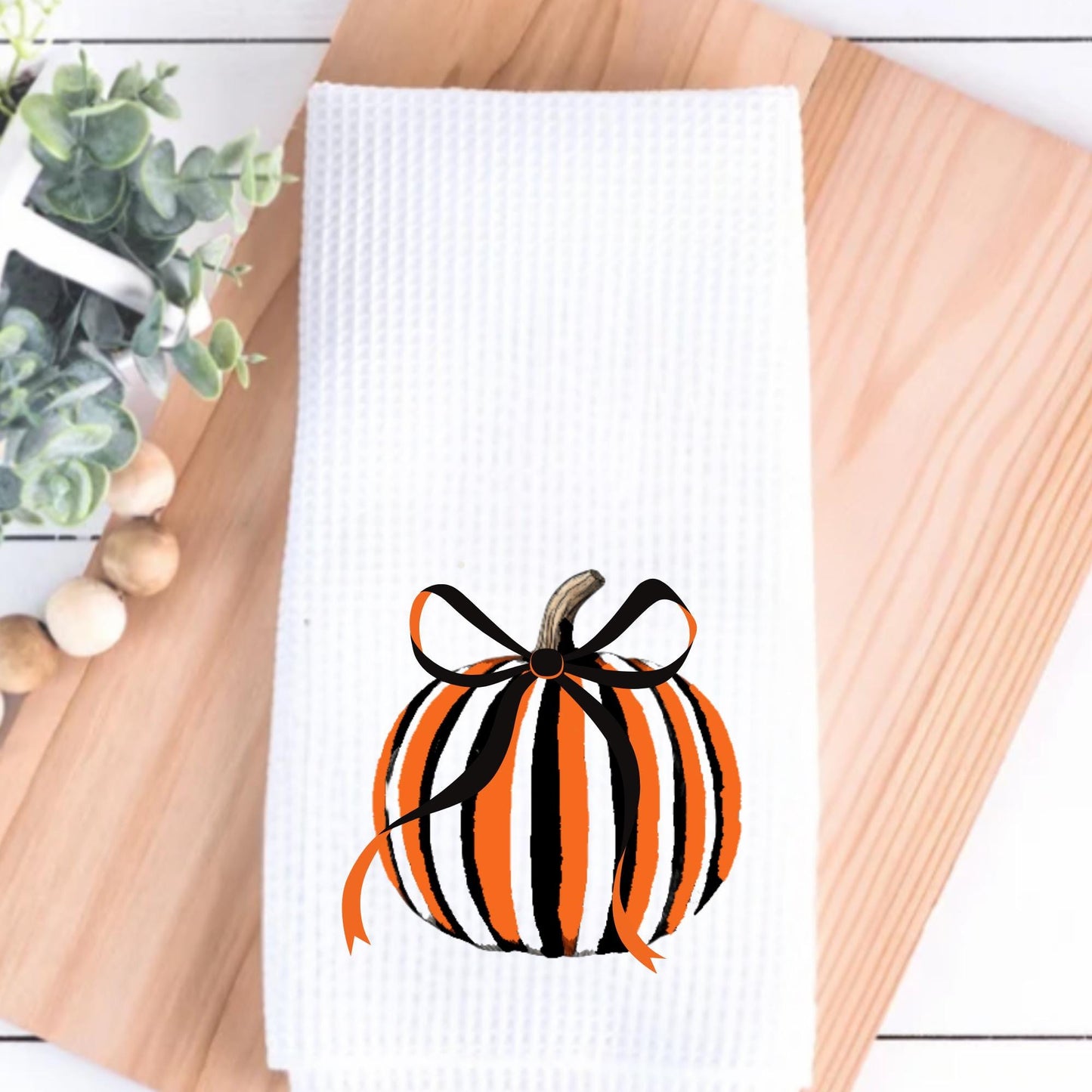 Black & White Checkered Tea Towel Personalized Kitchen Decor, Halloween Pumpkin Accent