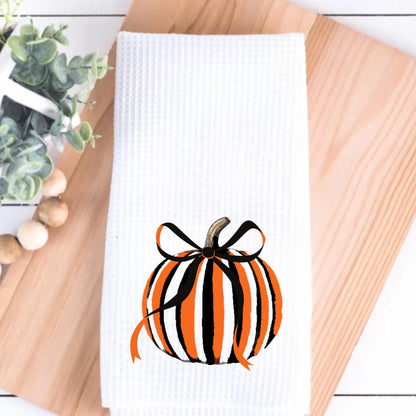 Black & White Checkered Tea Towel Personalized Kitchen Decor, Halloween Pumpkin Accent