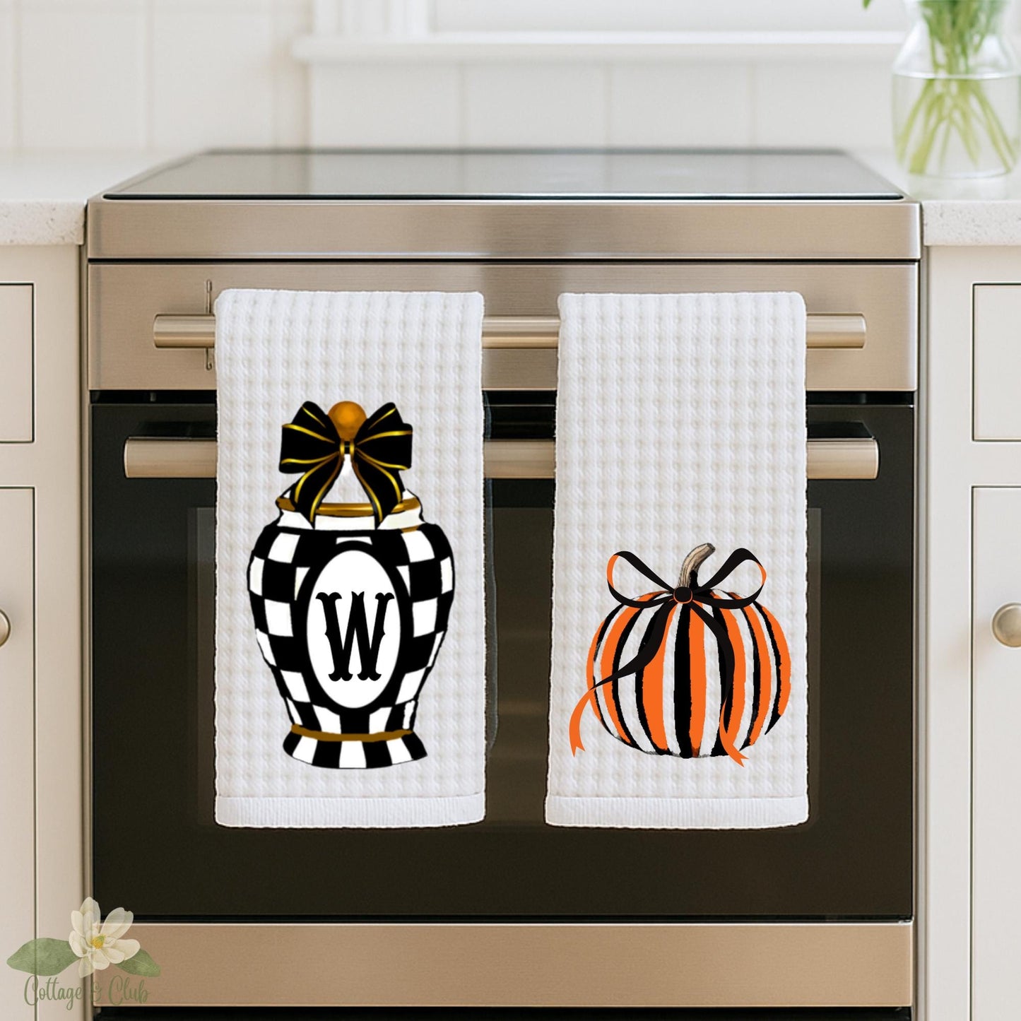 Black & White Checkered Tea Towel Personalized Kitchen Decor, Halloween Pumpkin Accent