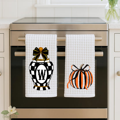 Black & White Checkered Tea Towel Personalized Kitchen Decor, Halloween Pumpkin Accent