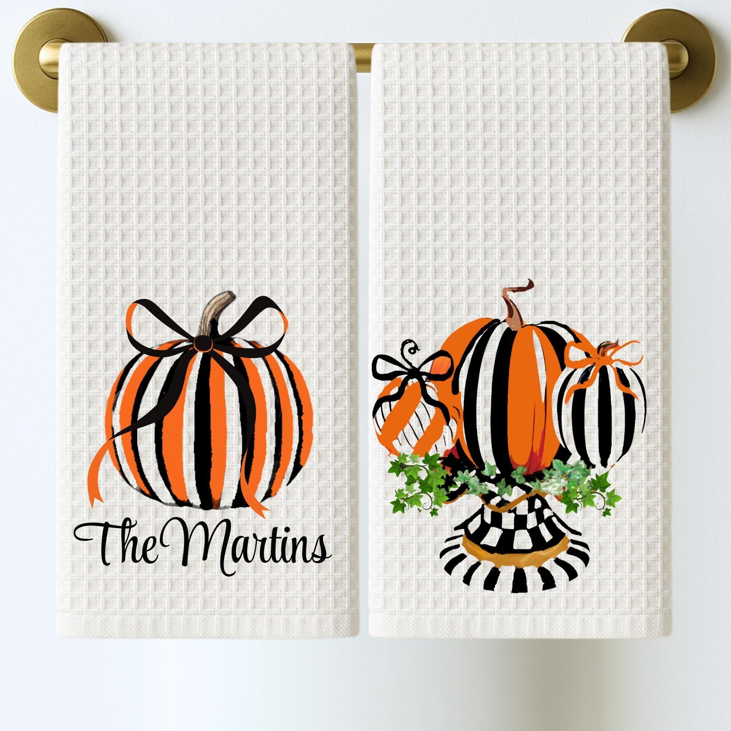 Black & White Checkered Tea Towel Personalized Kitchen Decor, Halloween Pumpkin Accent