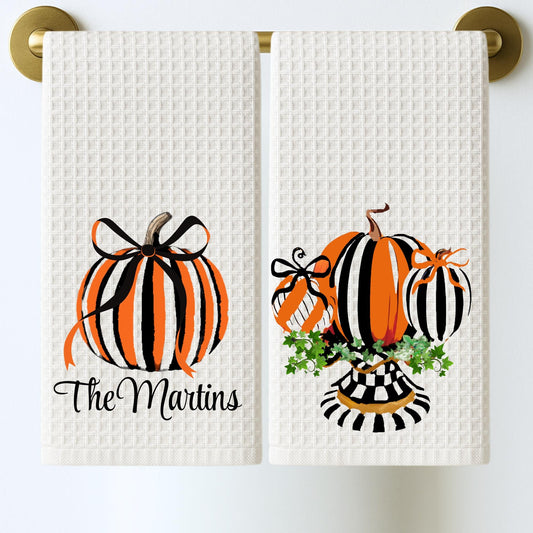 Black & White Checkered Tea Towel Personalized Kitchen Decor, Halloween Pumpkin Accent