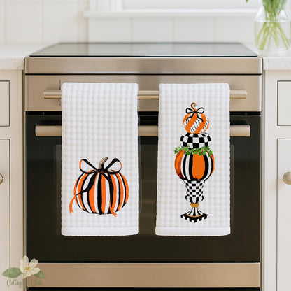 Black & White Checkered Tea Towel Personalized Kitchen Decor, Halloween Pumpkin Accent