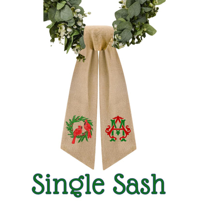 Embroidered Winter Robin Holiday Wreath Sash