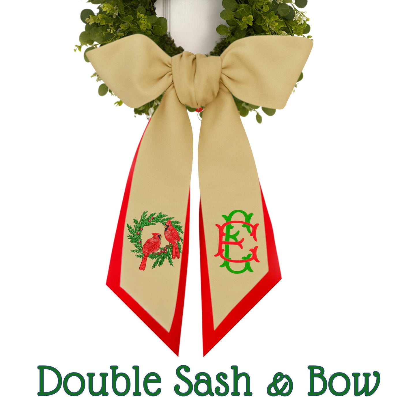 Embroidered Winter Robin Holiday Wreath Sash