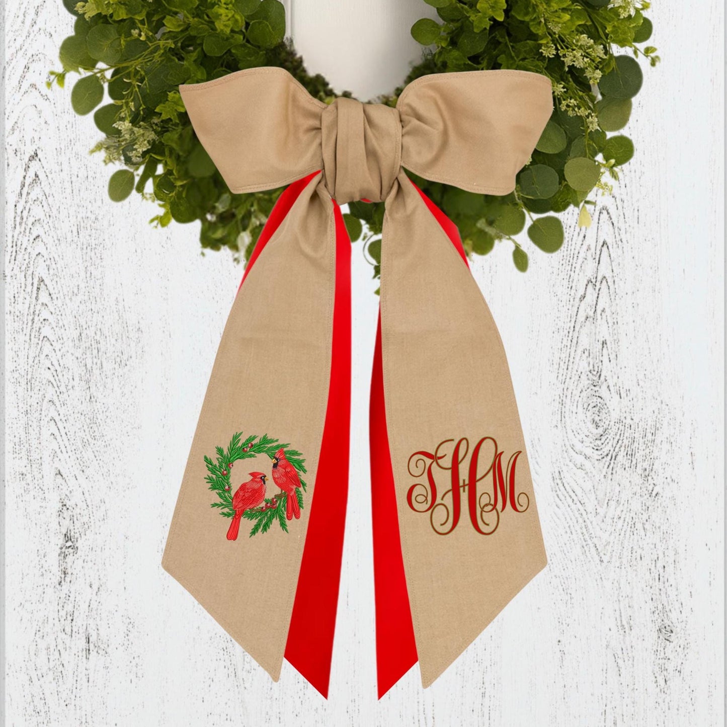 Embroidered Winter Robin Holiday Wreath Sash