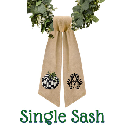 Embroidered Pumpkin Wreath Sash: Black & White Check Fall Decor - Courtly Check