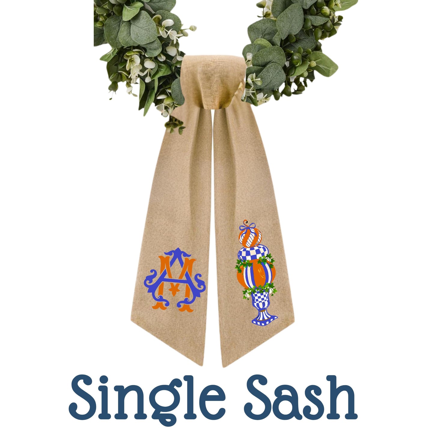Embroidered Monogrammed Royal Blue Check Wreath Sash