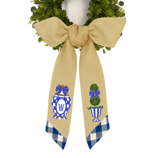Christmas Courtly Check Inspired Embroidered Monogramed Wreath Sash