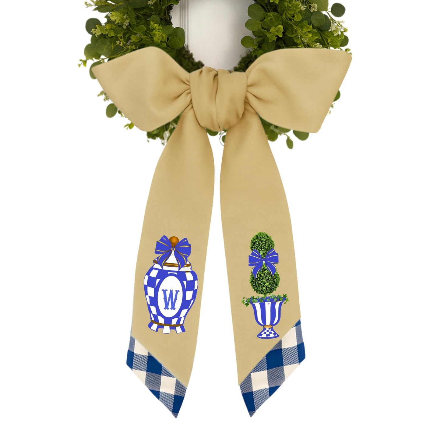 Monogrammed Royal Check Wreath Sash: MacKenzie Childs Inspired Door Decor
