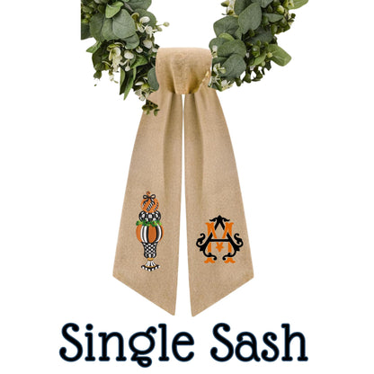 Embroidered Black Courtly Check Pumpkin Wreath Sash