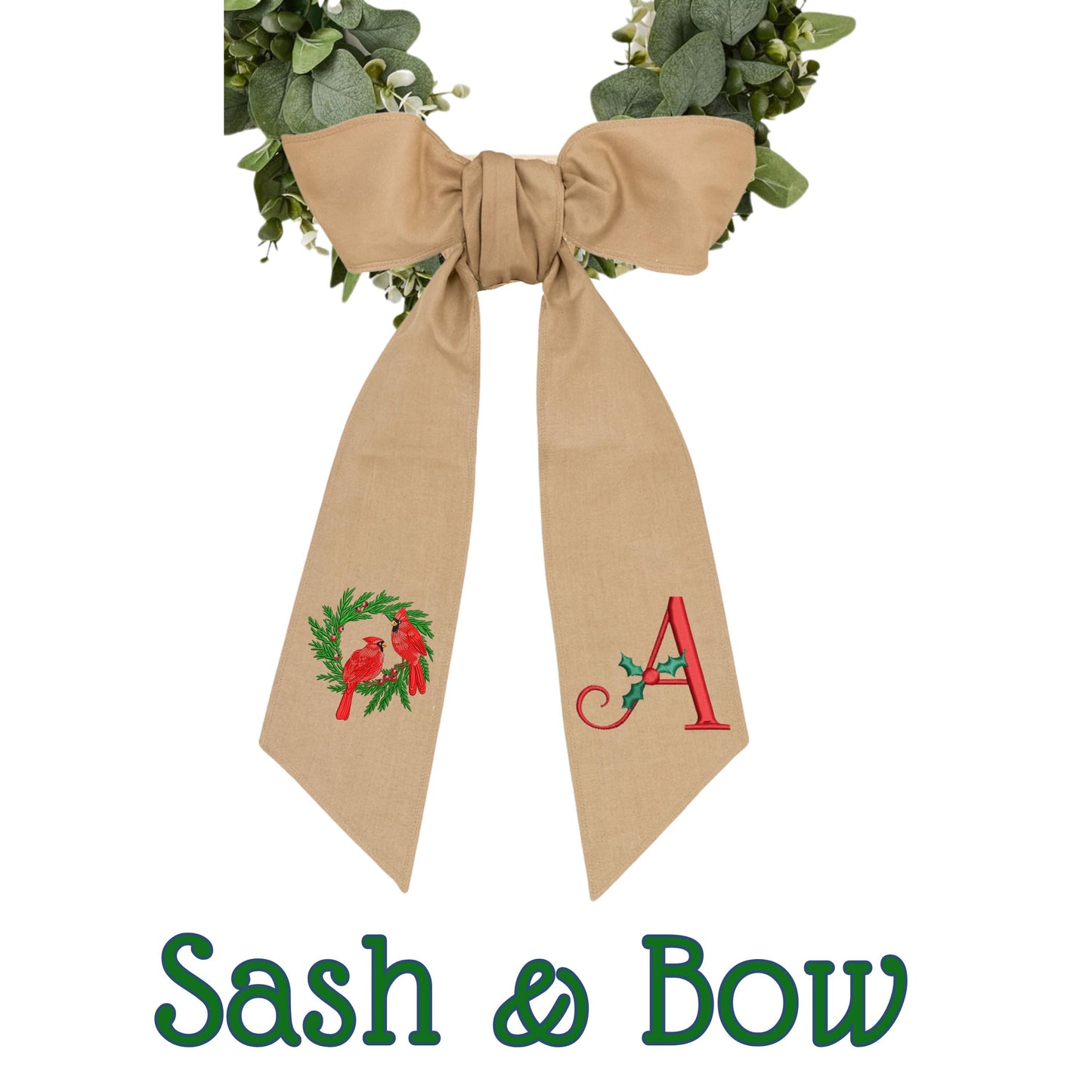 Embroidered Winter Robin Holiday Wreath Sash