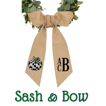 Embroidered Pumpkin Wreath Sash: Black & White Check Fall Decor - Courtly Check