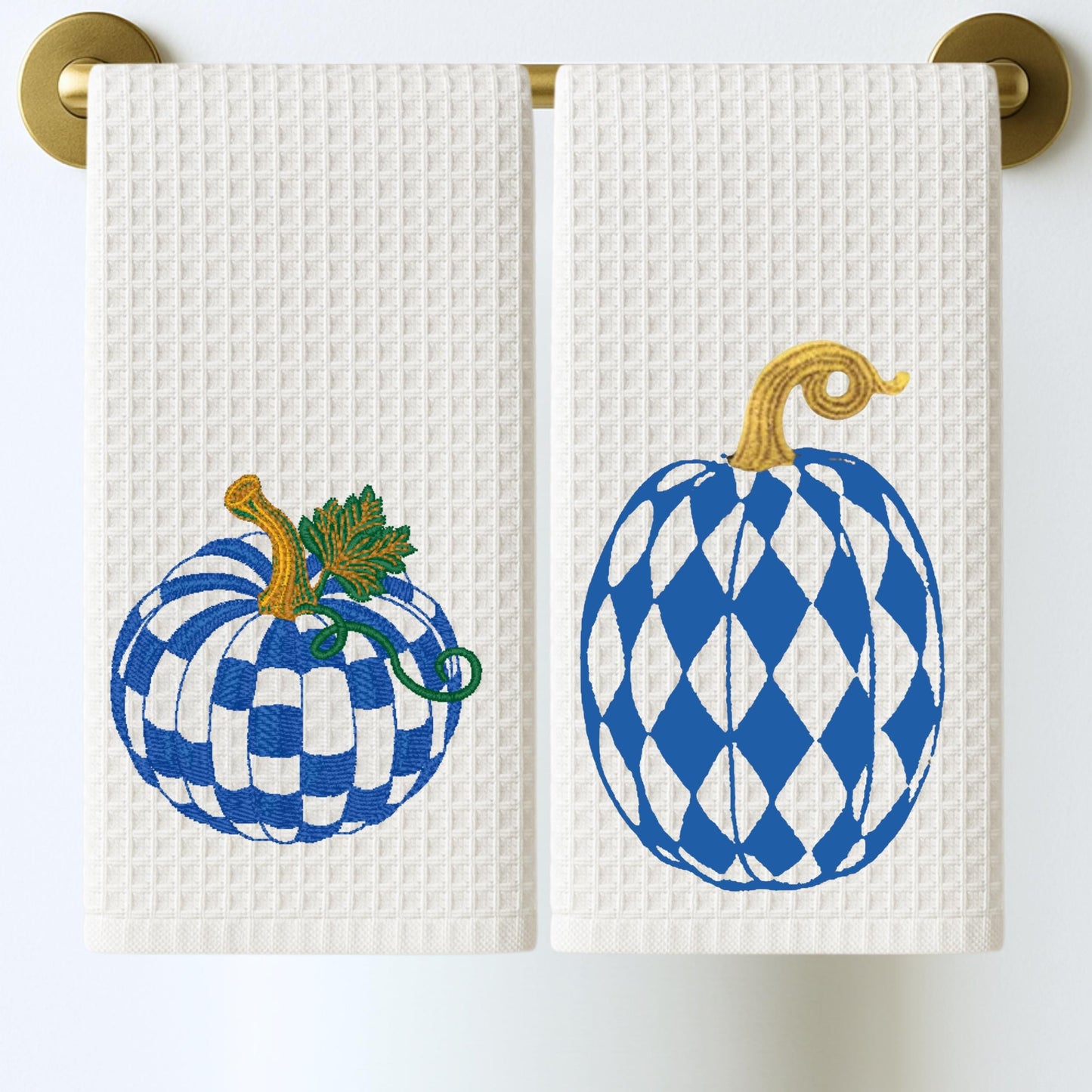Personalized Emerald Green and White Checkered Pumpkin Tea Towel Set