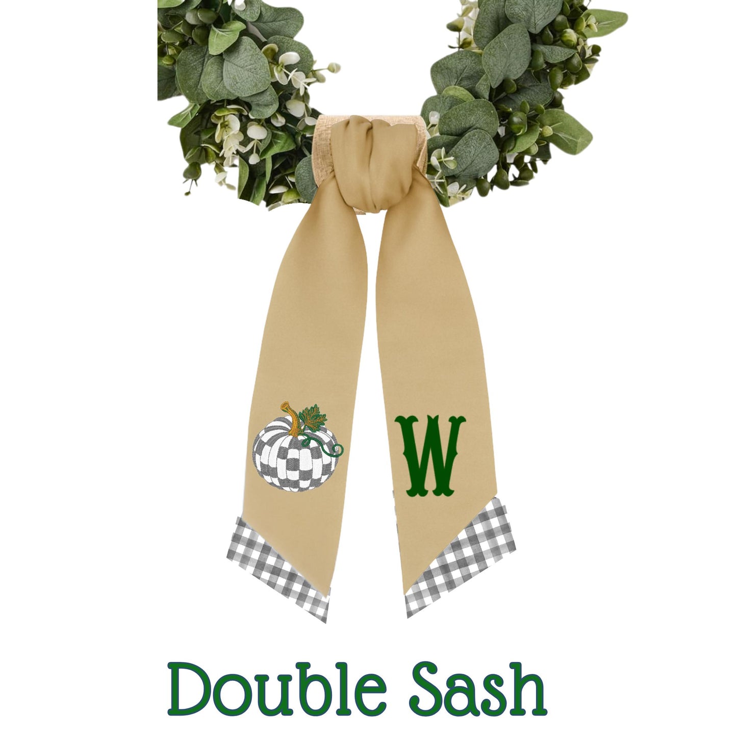 Embroidered Sterling Gray Check Pumpkin Wreath Sash: Fall Door Hanger