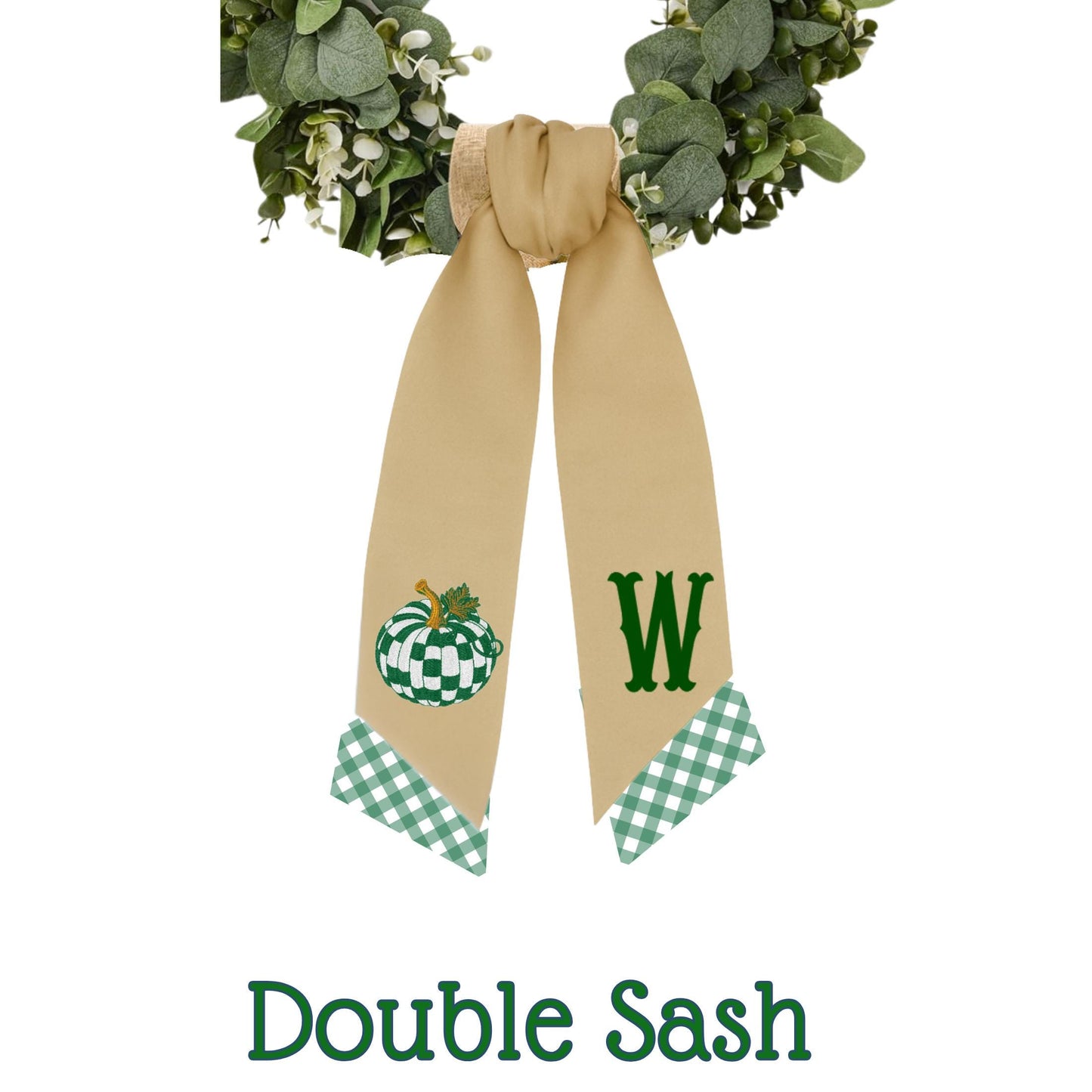 Embroidered Emerald Check Pumpkin Wreath Sash