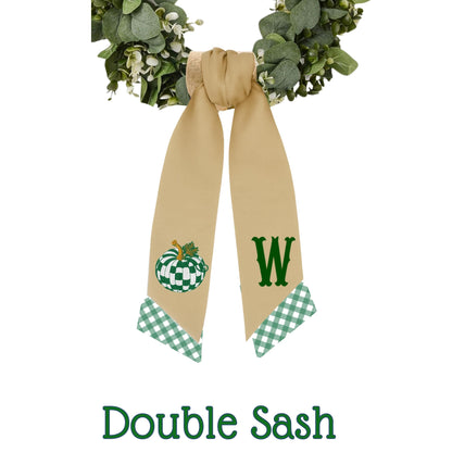 Embroidered Emerald Check Pumpkin Wreath Sash
