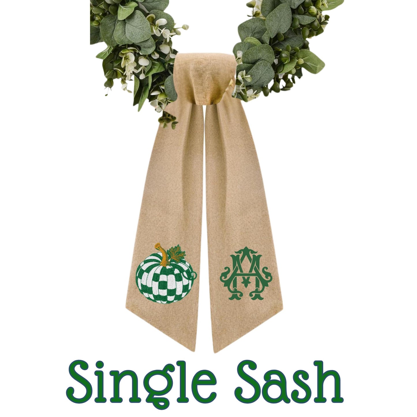 Embroidered Emerald Check Pumpkin Wreath Sash