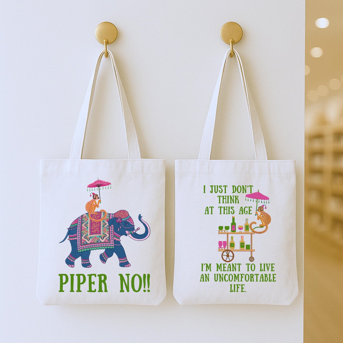 Funny Southern Quote Tote Bags: Pink Elephant & Monkey Bar Cart - Piper No!