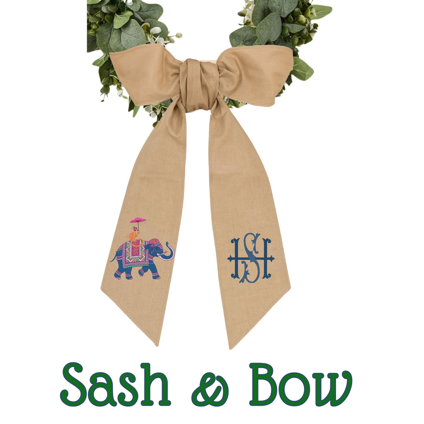 Embroidered  Eastern Themed Elephant and Monkey Wreath Sash: Personalized Door Hanger