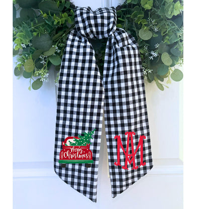 Embroidered Christmas Farmhouse Wreath Sash: Holiday Door Hanger