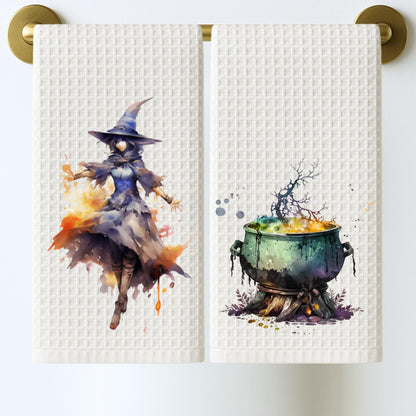 Watercolor Witch Tea Towel Personalized Kitchen Decor, Halloween Pumpkin Accent