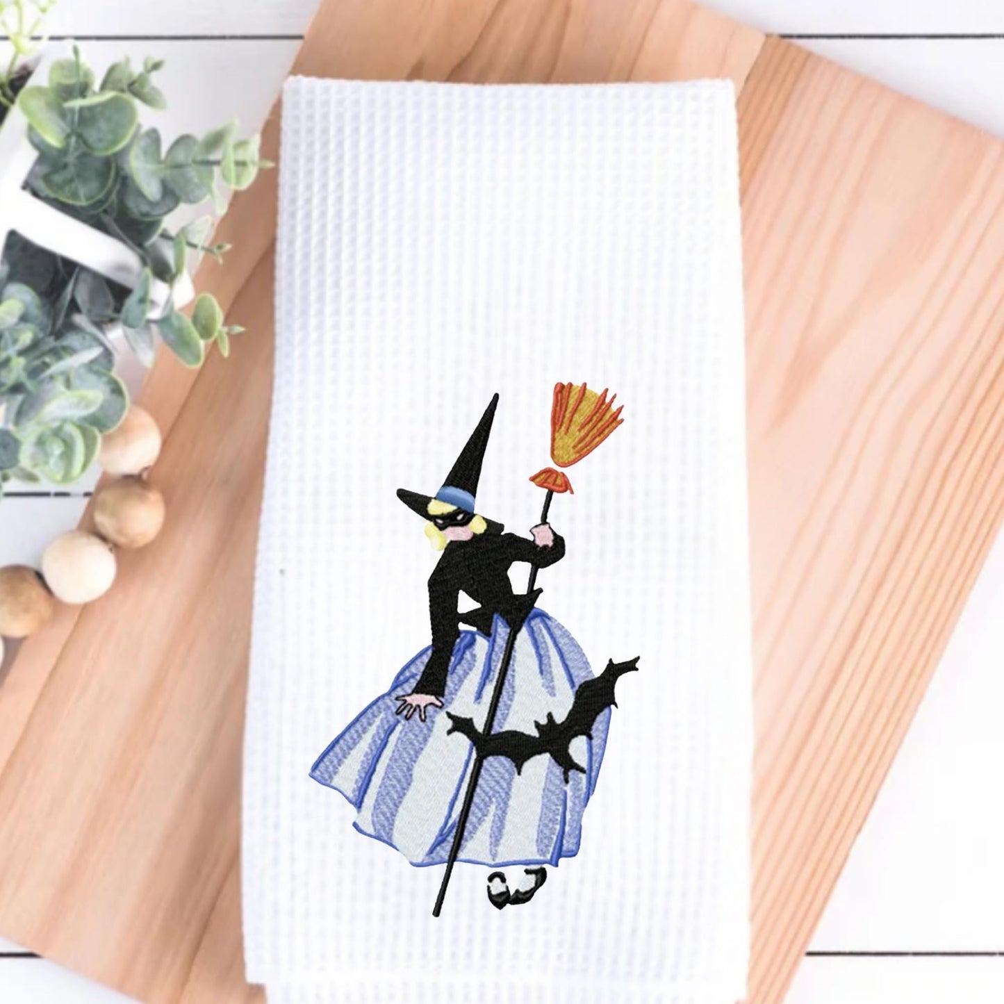 Embroidered Adorable Witch Tea Towel Personalized Kitchen Decor, Halloween Accent Decor