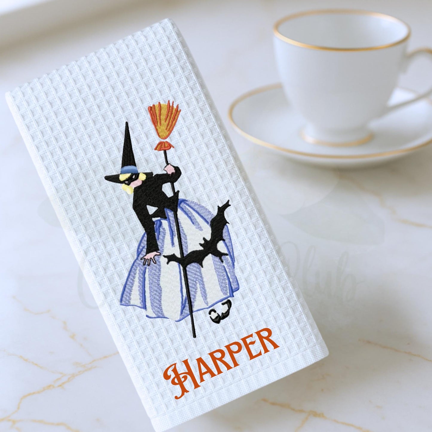 Embroidered Adorable Witch Tea Towel Personalized Kitchen Decor, Halloween Accent Decor