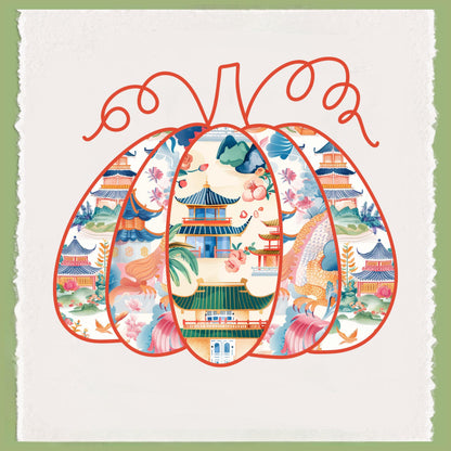 Personalized Fall Chinoiserie Pagoda Tea Towel