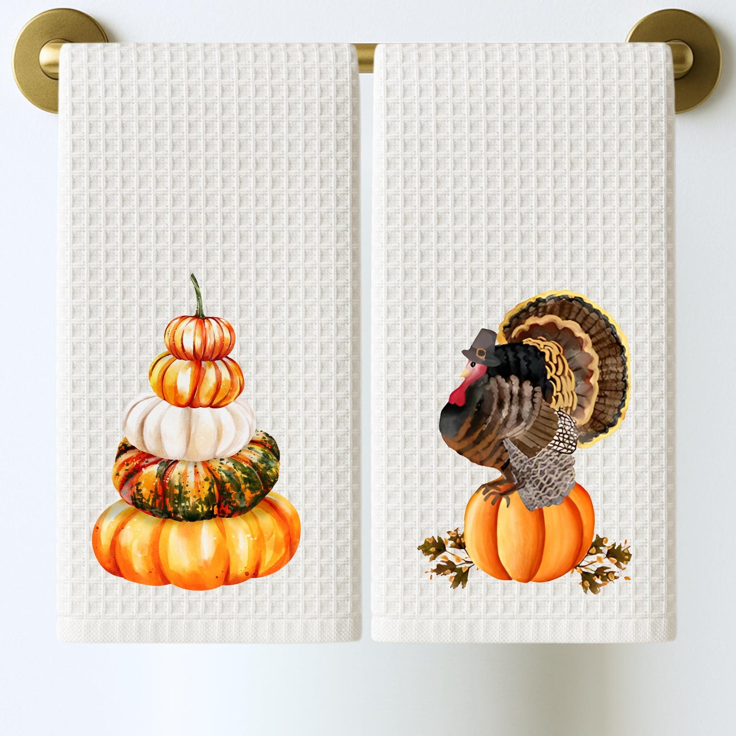 Fall Thanksgiving Turkey & Pumpkin Holiday Tea Towel -  Personalized Kitchen Decor