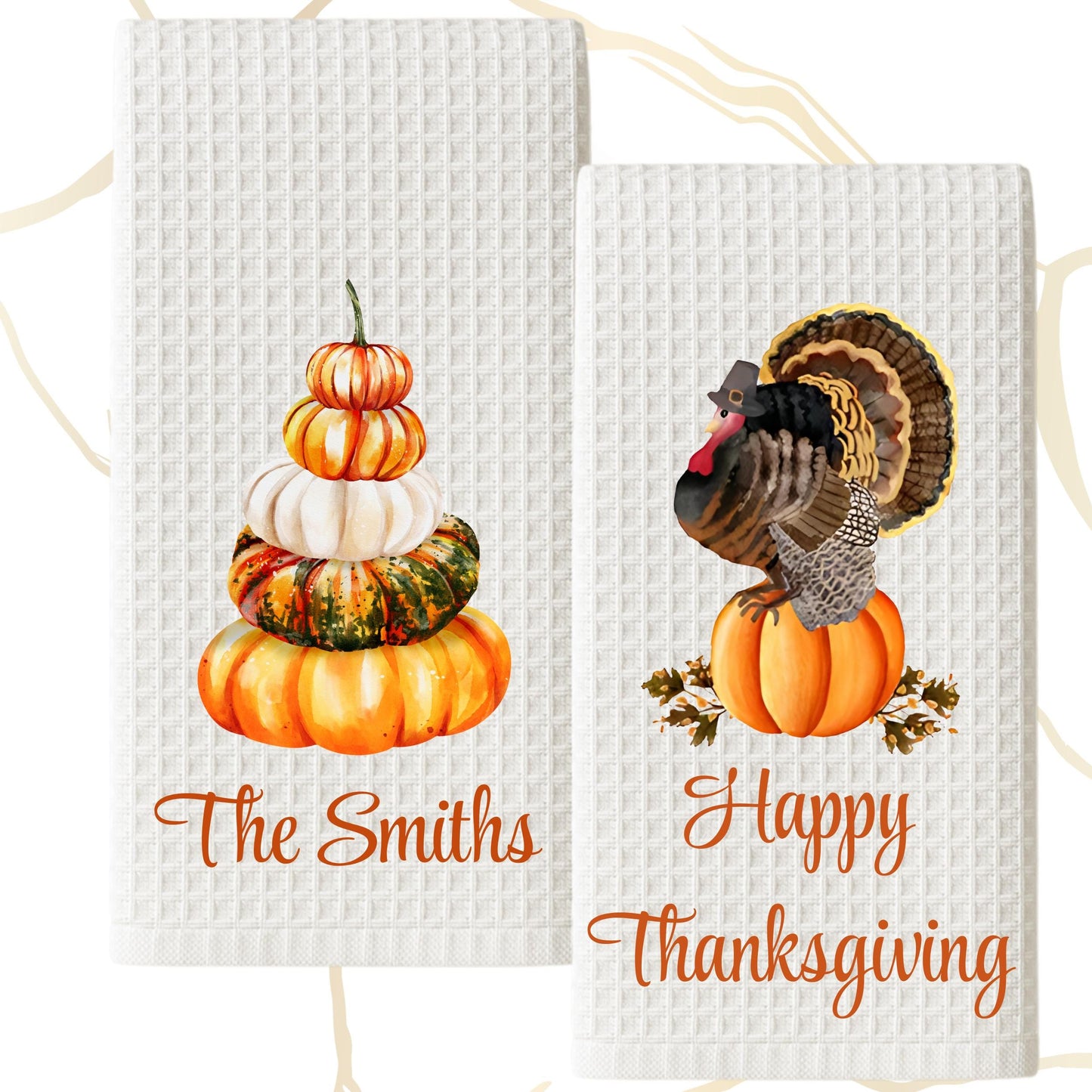 Fall Thanksgiving Turkey & Pumpkin Holiday Tea Towel -  Personalized Kitchen Decor