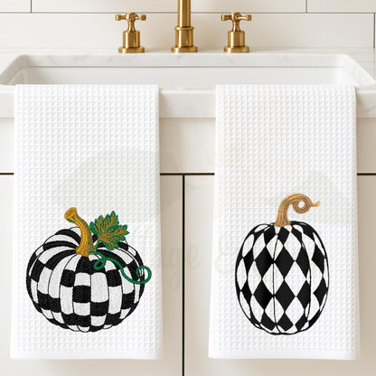 Checkered Royal Blue and White Pumpkin Tea Towel Set