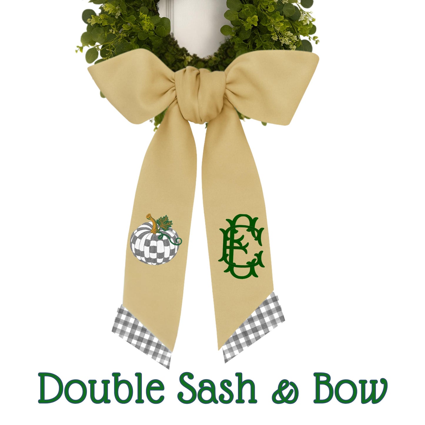Embroidered Sterling Gray Check Pumpkin Wreath Sash: Fall Door Hanger