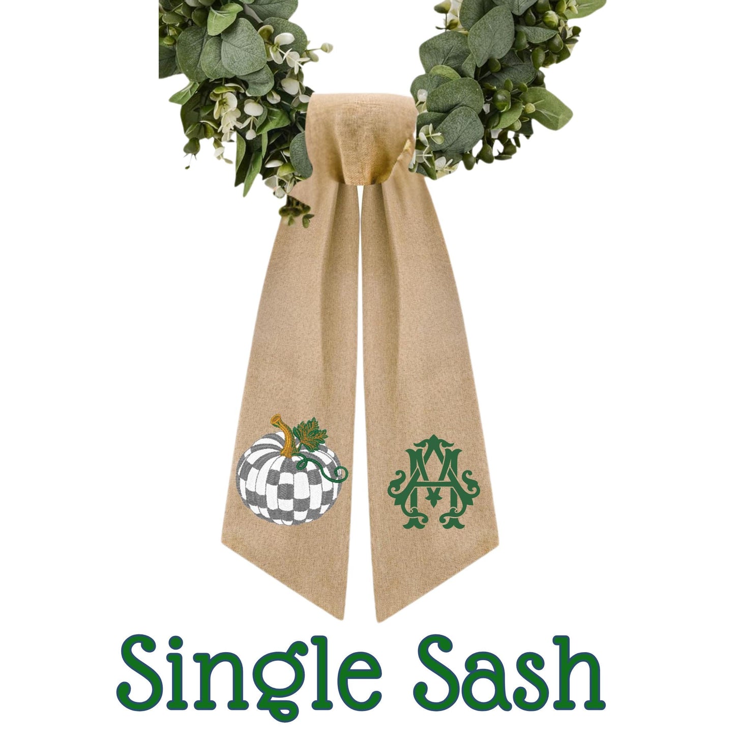 Embroidered Sterling Gray Check Pumpkin Wreath Sash: Fall Door Hanger