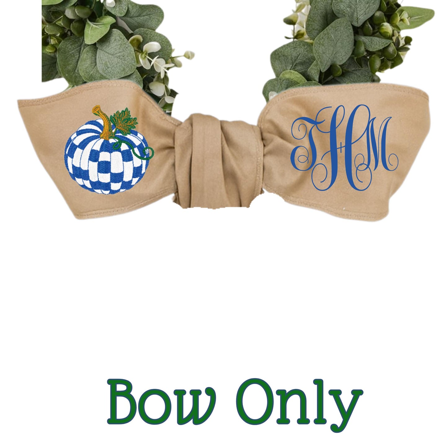 Embroidered Pumpkin Wreath Sash: Royal blue and White Check Monogrammed Door Hanger