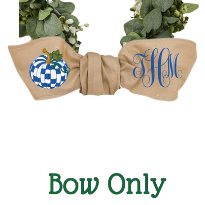 Embroidered Pumpkin Wreath Sash: Royal blue and White Check Monogrammed Door Hanger