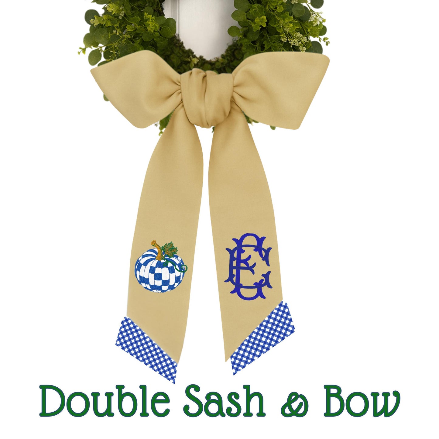 Embroidered Pumpkin Wreath Sash: Royal blue and White Check Monogrammed Door Hanger