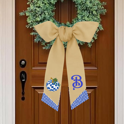 Embroidered Pumpkin Wreath Sash: Royal blue and White Check Monogrammed Door Hanger