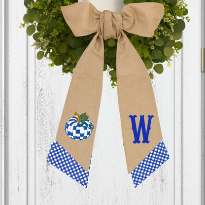 Embroidered Pumpkin Wreath Sash: Royal blue and White Check Monogrammed Door Hanger