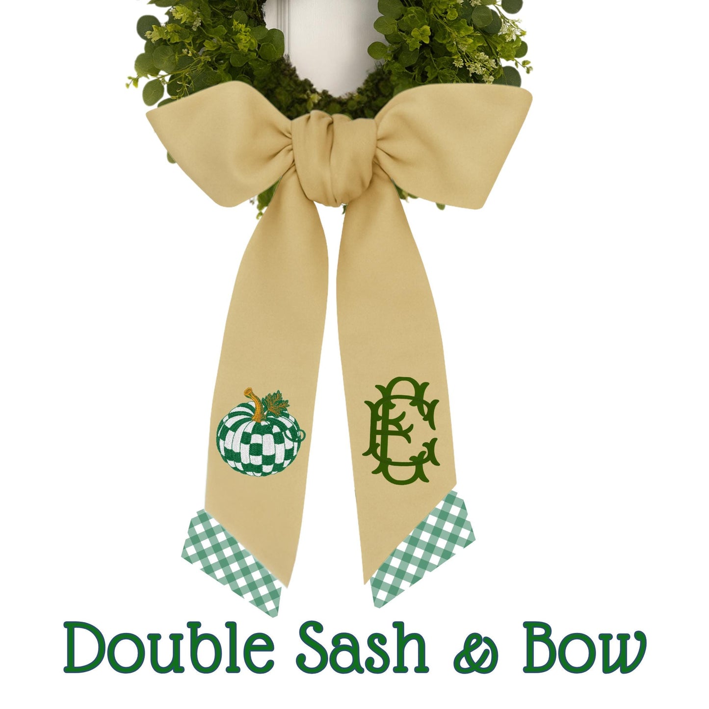 Embroidered Emerald Check Pumpkin Wreath Sash
