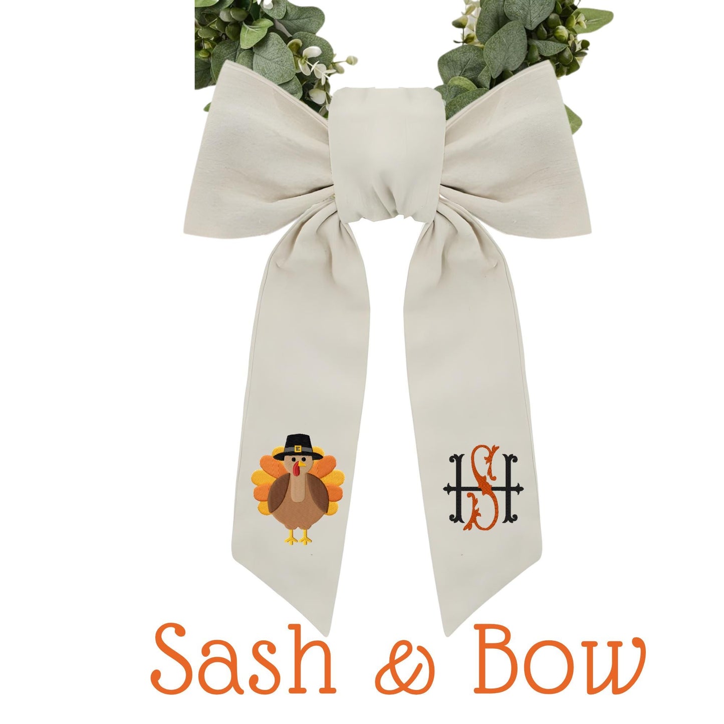 Embroidered Thanksgiving Farmhouse Wreath Sash: Fall Turkey Holiday Door Hanger