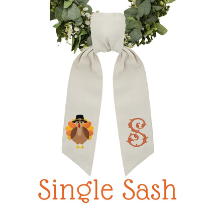 Embroidered Thanksgiving Farmhouse Wreath Sash: Fall Turkey Holiday Door Hanger