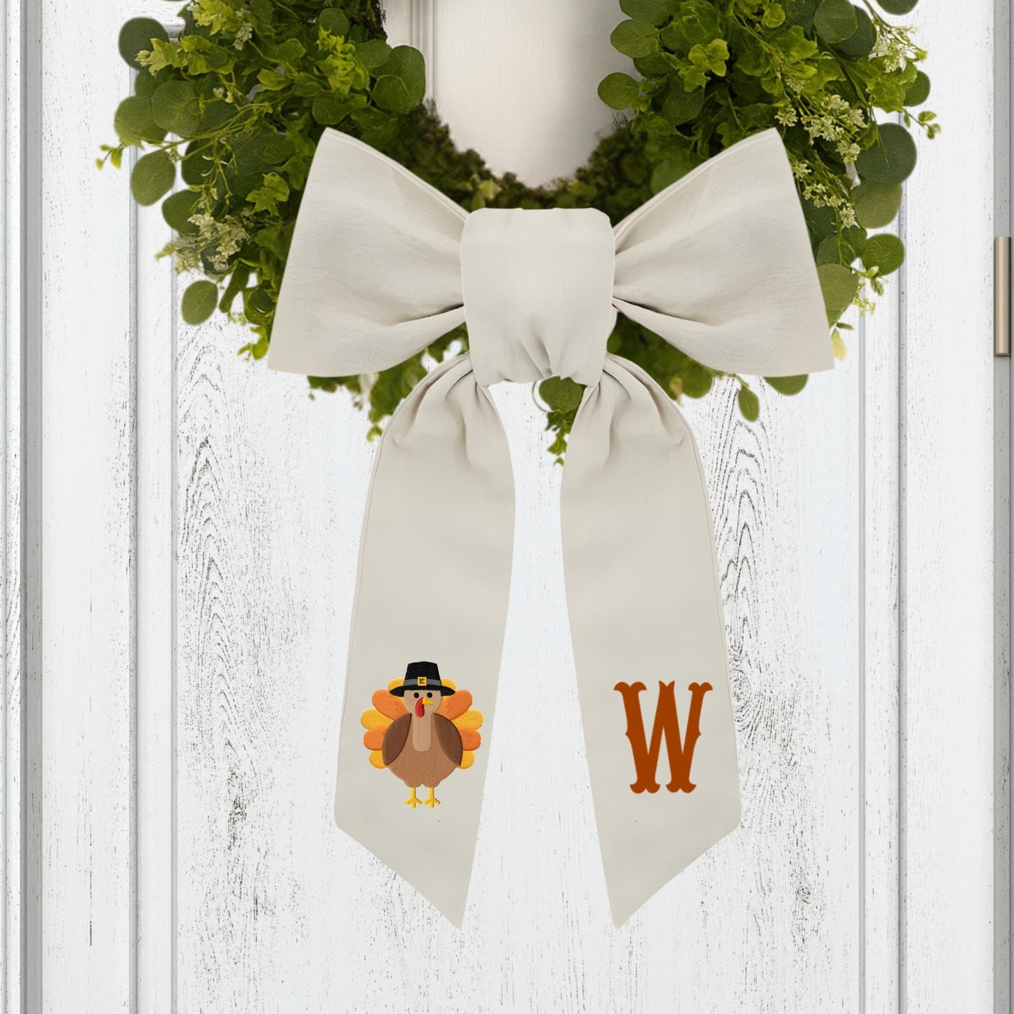 Embroidered Thanksgiving Farmhouse Wreath Sash: Fall Turkey Holiday Door Hanger