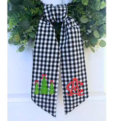 Embroidered Christmas Farmhouse Wreath Sash: Holiday Door Hanger