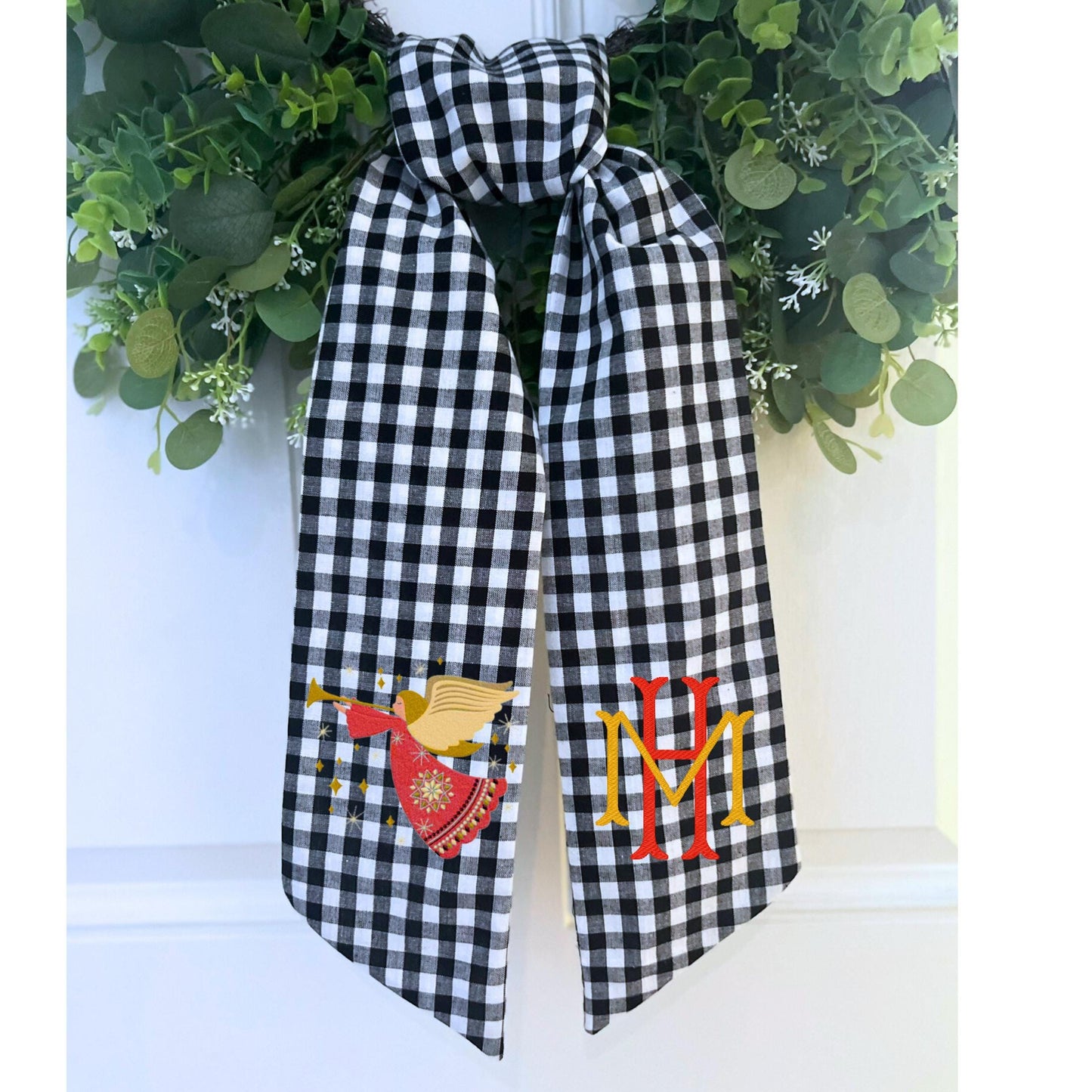 Embroidered Christmas Farmhouse Wreath Sash: Holiday Door Hanger