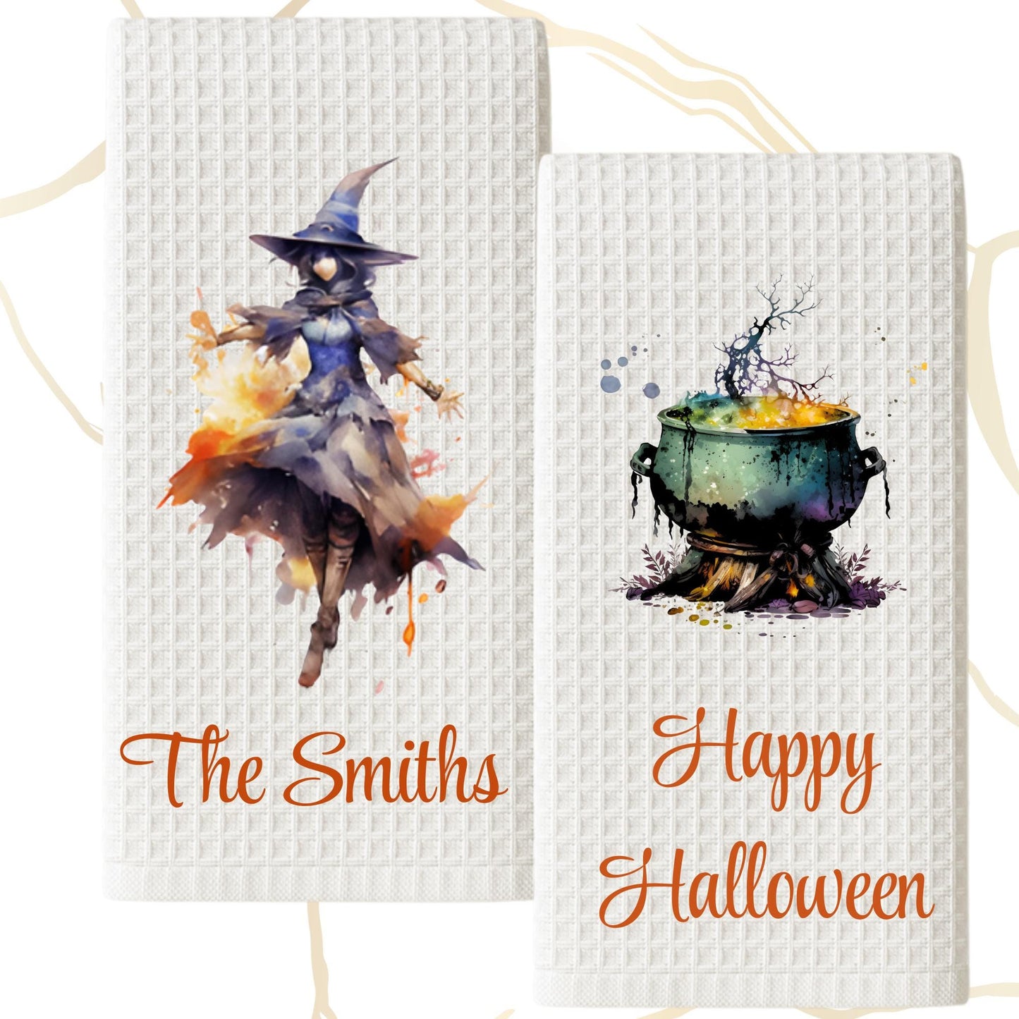 Watercolor Witch Tea Towel Personalized Kitchen Decor, Halloween Pumpkin Accent