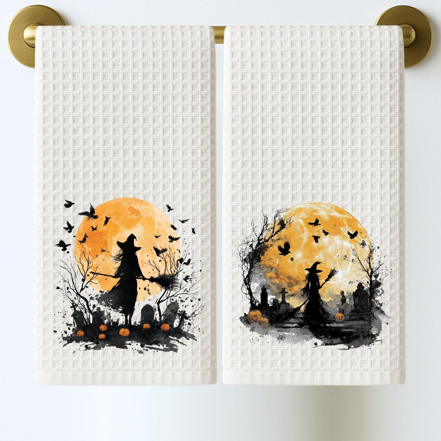 Watercolor Witch Tea Towel Personalized Kitchen Decor, Halloween Pumpkin Accent