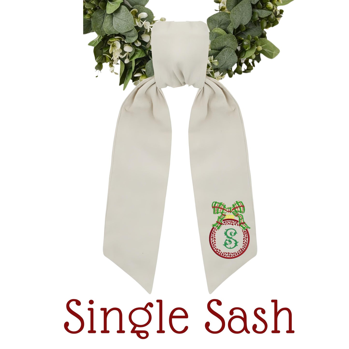 Embroidered Christmas Wreath Sash: Coordinating Sash Available - Holiday Door Hanger - Personalized Ornament Decor
