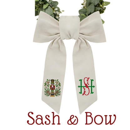 Embroidered Christmas Wreath Sash: Personalized Nutcracker Door Hanger
