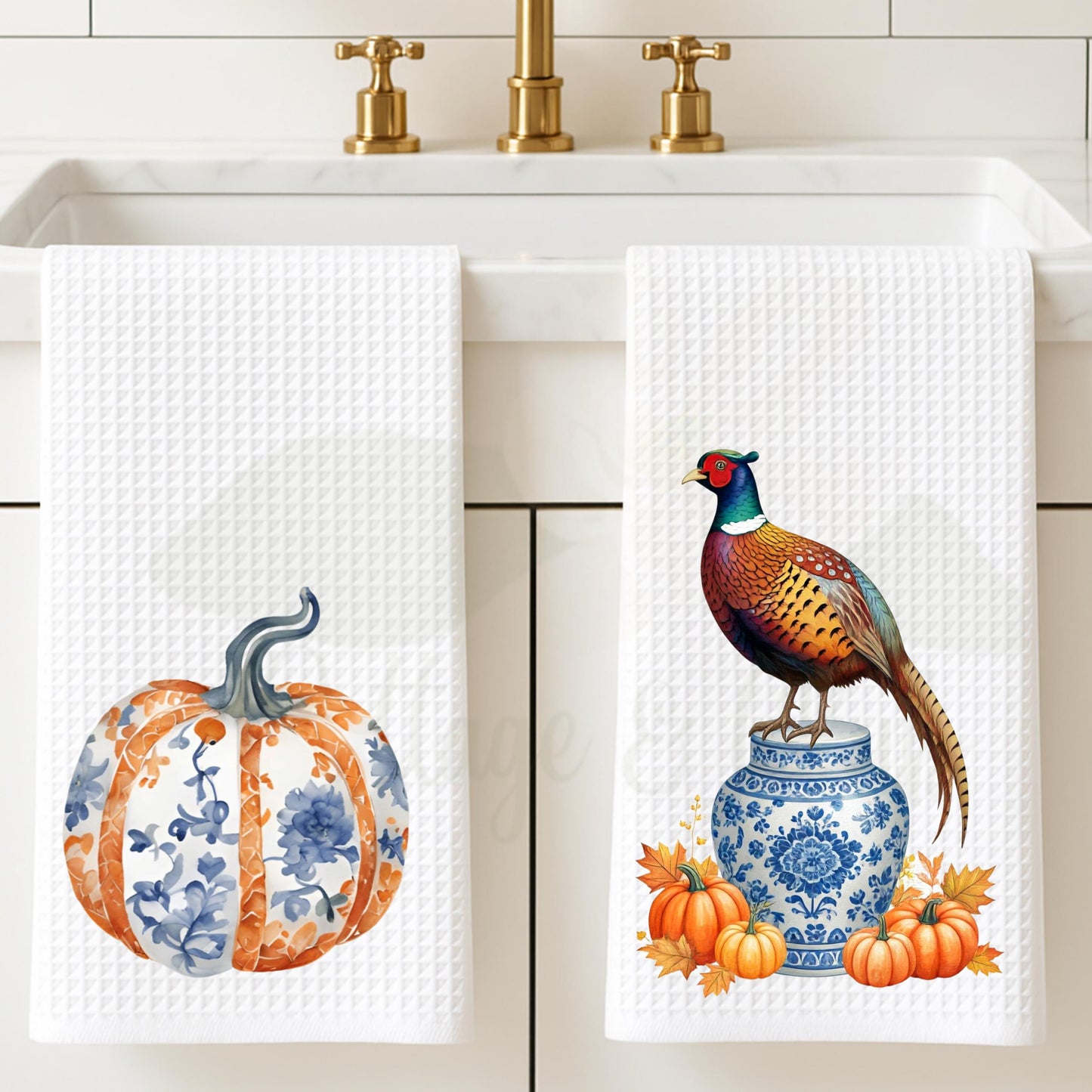 Fall Pheasant & Pumpkin Holiday Tea Towel -  Personalized Kitchen Decor